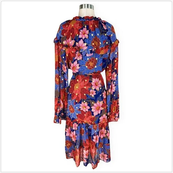 Farm Rio Navy Garden Lenzing Ecovero Viscose Midi Dress Blue Floral NWT New XL - Picture 7 of 8